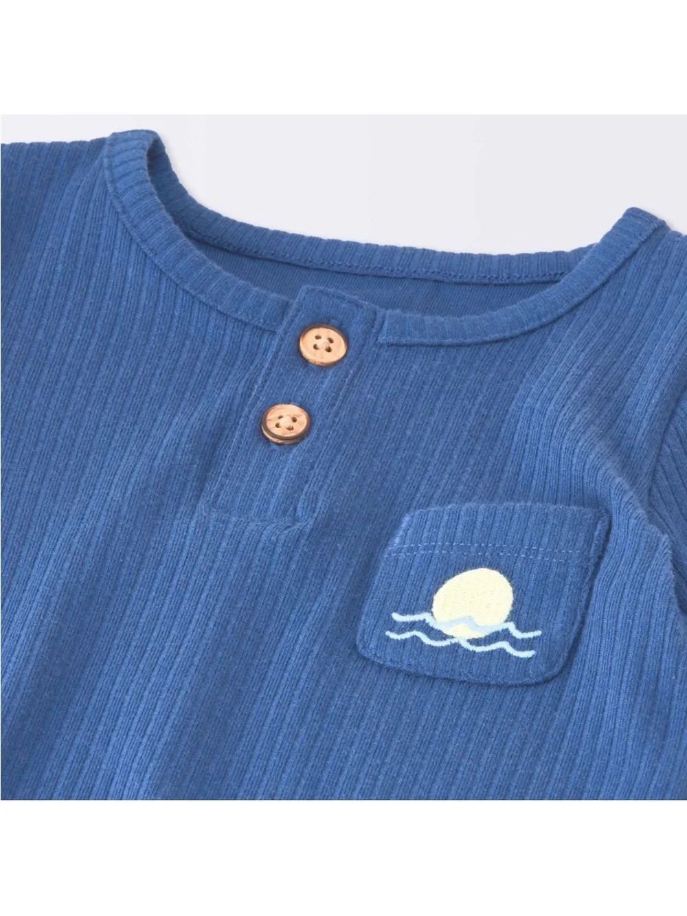 Blue Ribbed Baby Romper with Sun Pocket